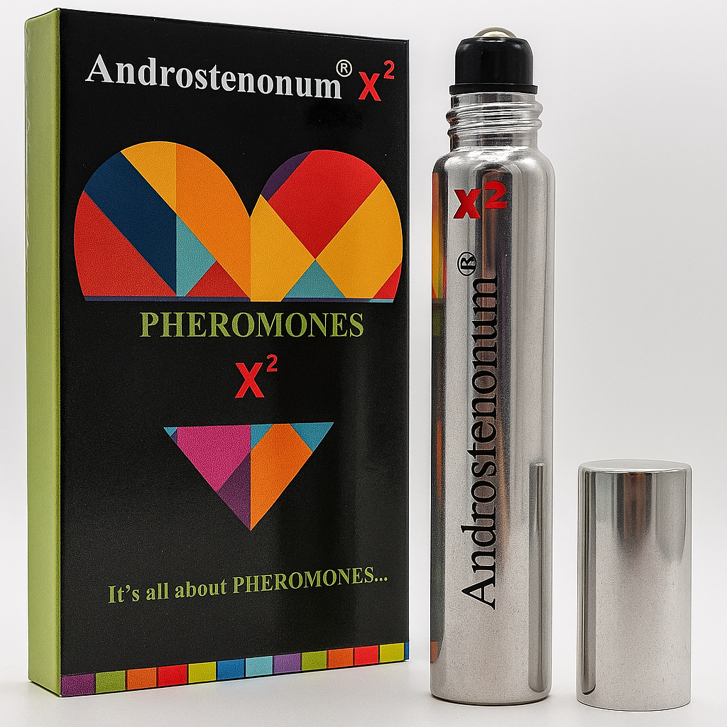 Androstenonum X2 Pheromones packaging and bottle on a white background