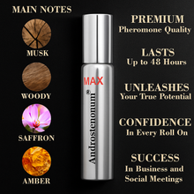 Load image into Gallery viewer, Androstenonum MAX roll-on with notes and promotional text on a black background