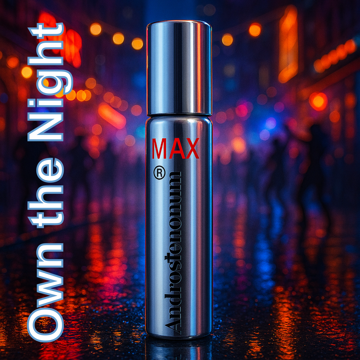 Silver bottle labeled 'Androstenonum MAX' with colorful blurred lights in the background