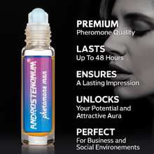Load image into Gallery viewer, Androstenonum pheromone rollerball with promotional text on a black background