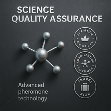 Load image into Gallery viewer, Science quality assurance graphic with molecular model and certification badges on a dark background