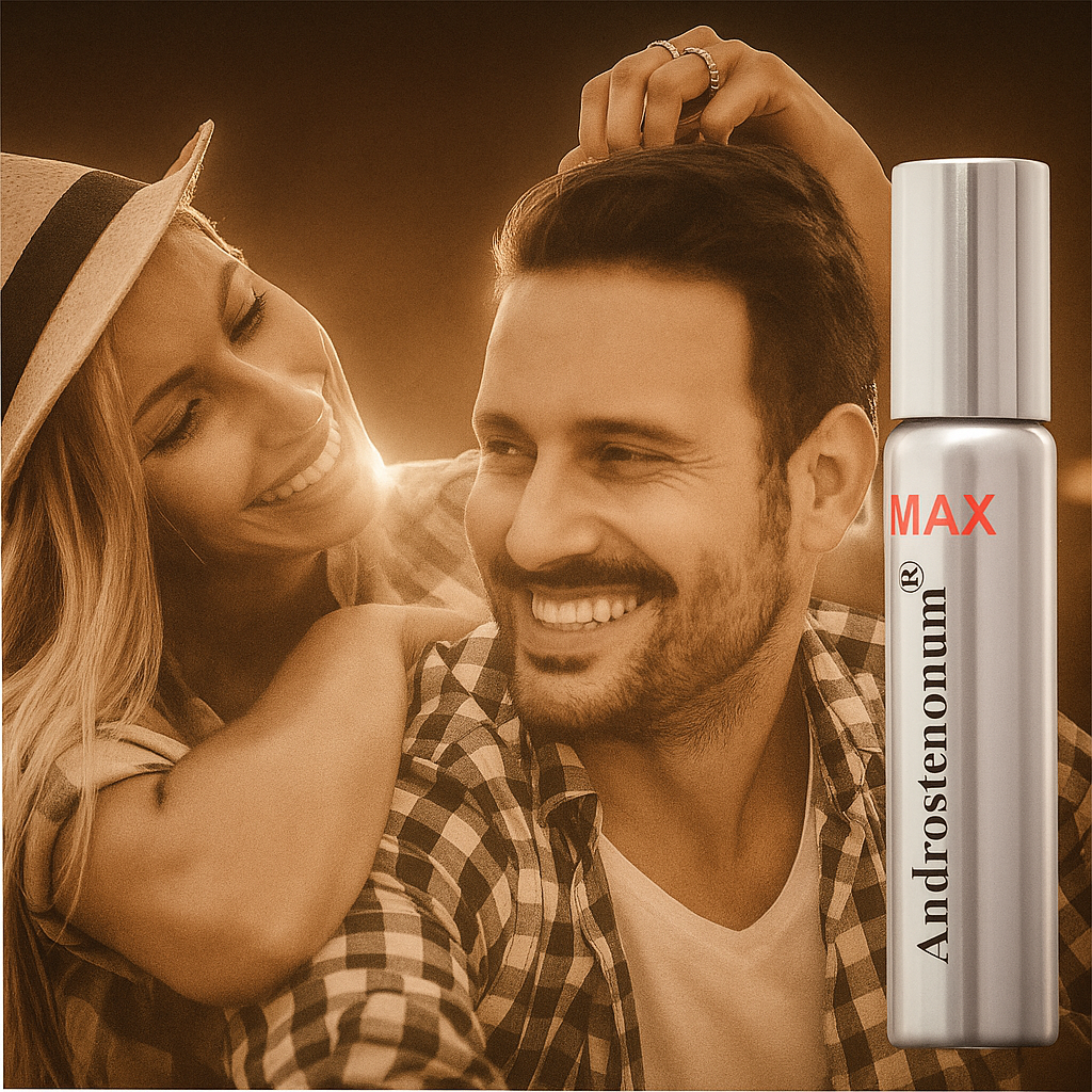 Couple embracing with Androstenonum MAX bottle in the foreground
