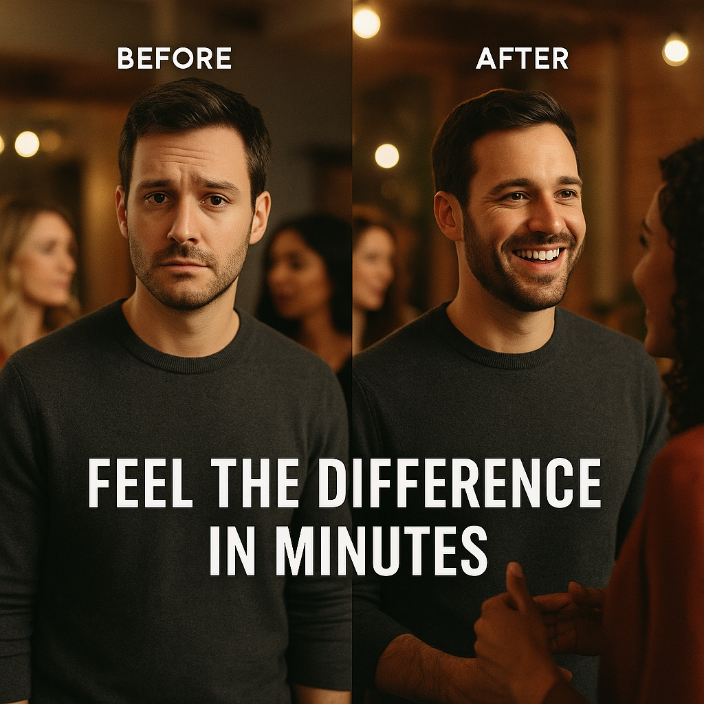 Before and after comparison of a man with text overlay in a social setting.