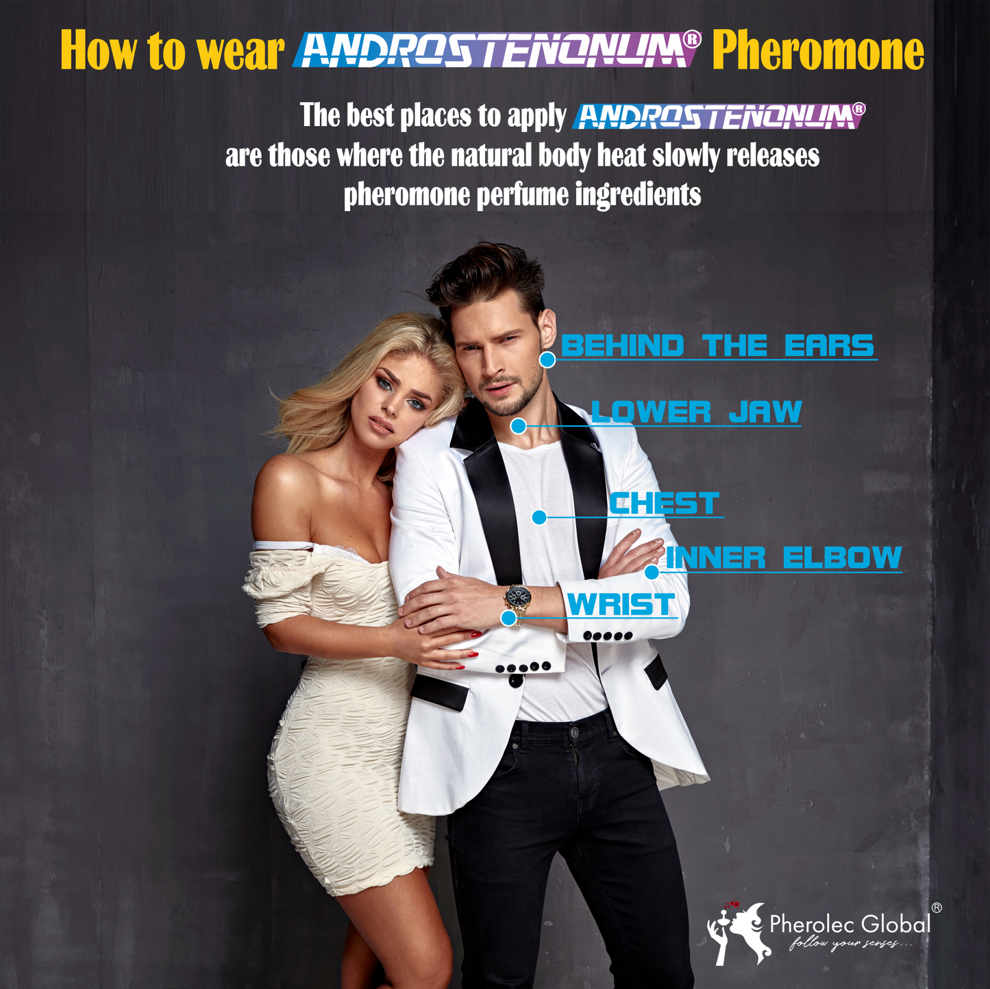 Men showing how to apply Androstenonum perfume