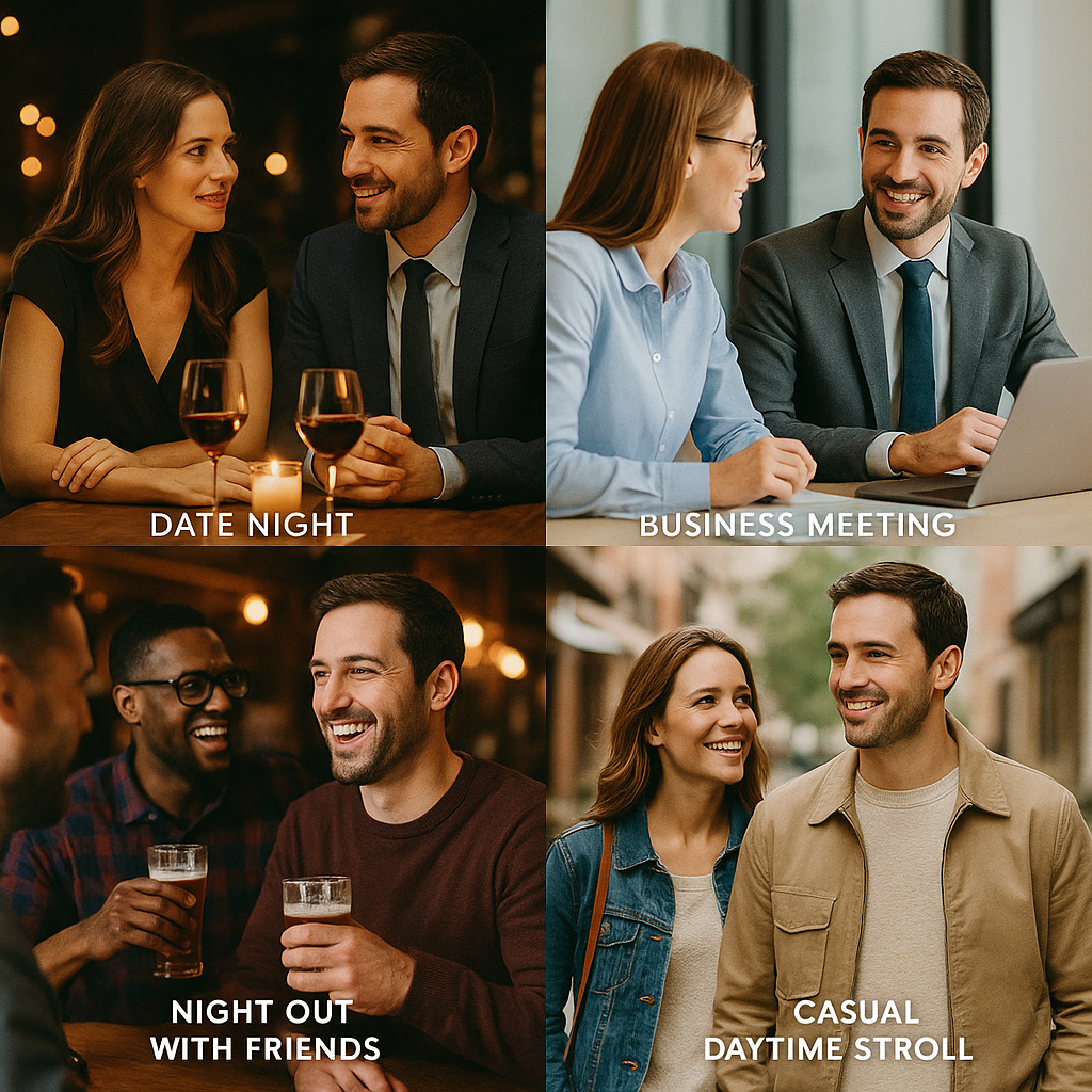 Collage of four scenarios: Date Night, Business Meeting, Night Out with Friends, and Casual Daytime Stroll.