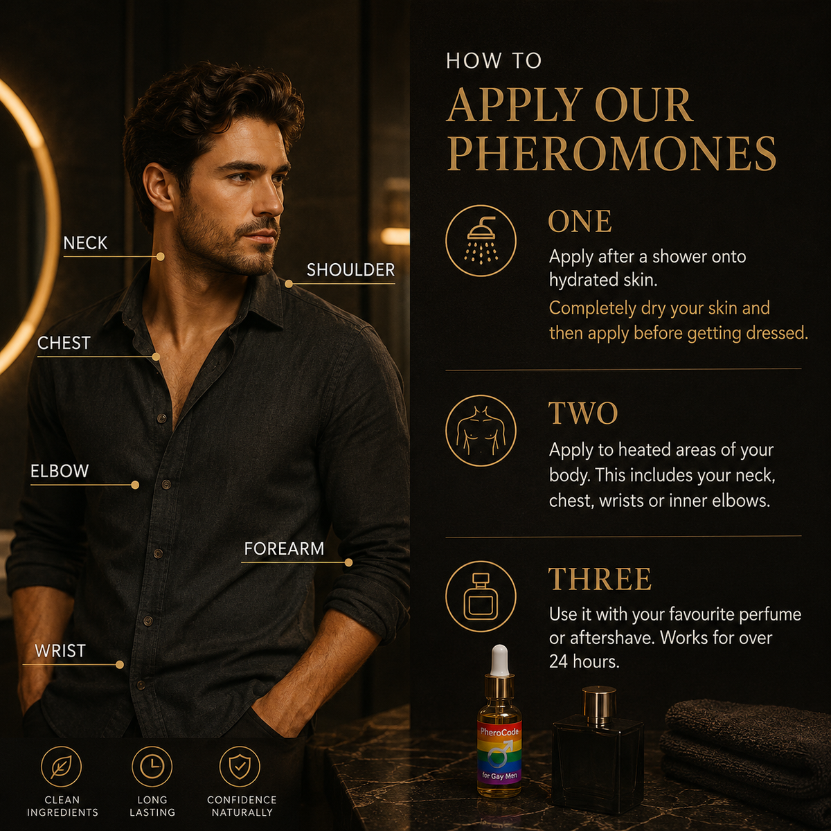 An infographic-style beauty advertisement with a man wearing a dark button-up shirt, labeled with body parts such as neck, shoulder, chest, elbow, forearm, and wrist. The right side contains the text 'HOW TO APPLY OUR PHEROMONES' with three numbered steps and a small dropper bottle and perfume bottle shown at the bottom.