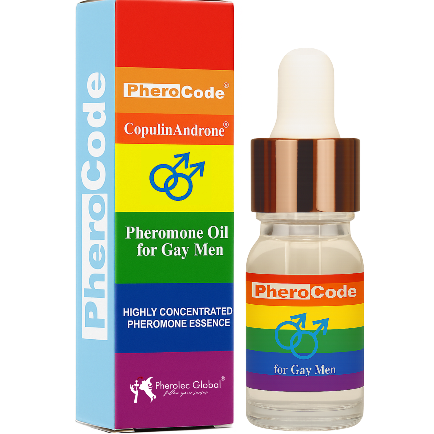 PheroCode Pheromone Oil for Gay Men with packaging on a white background