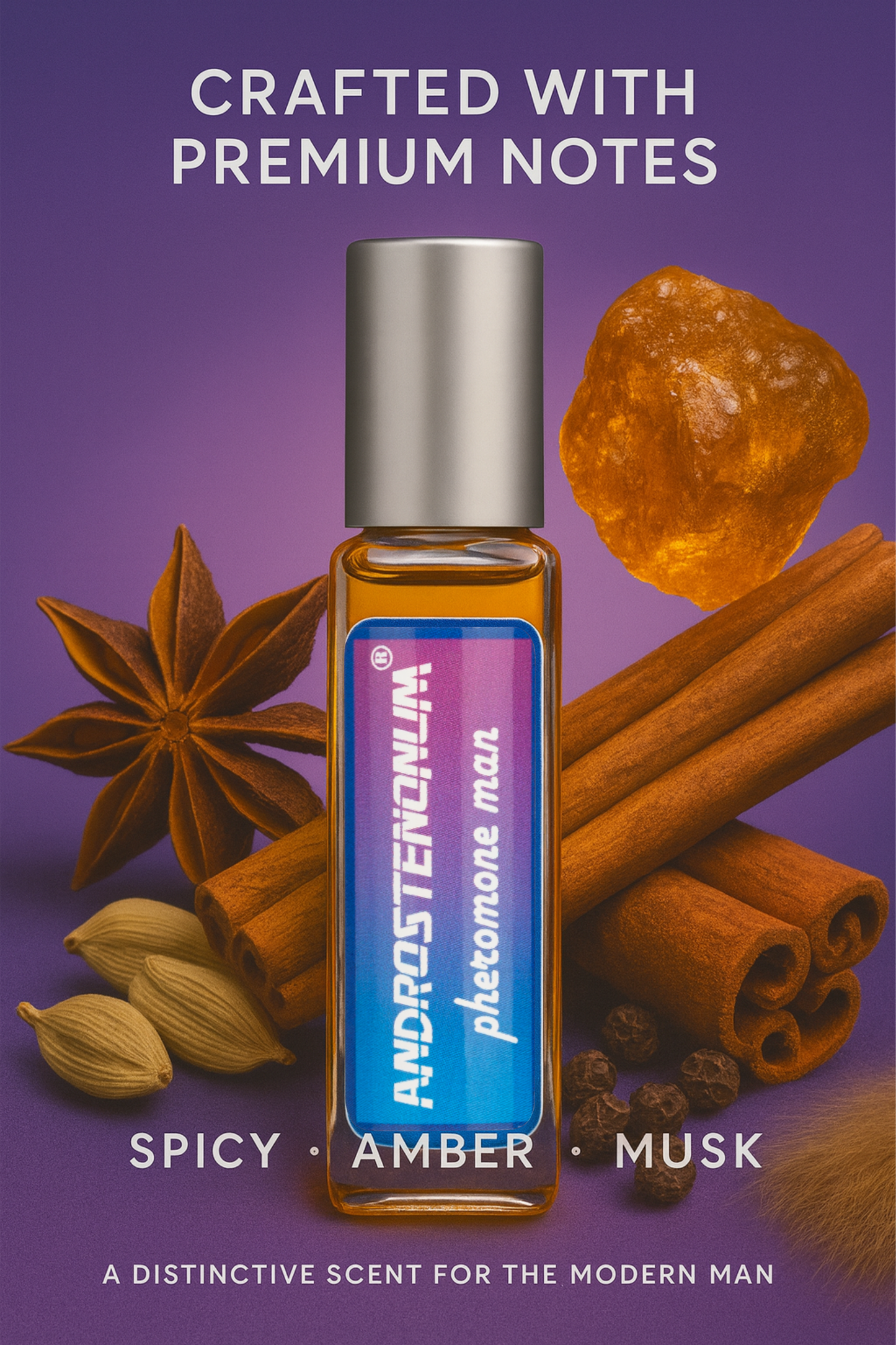 Androstenonum man pheromone man perfume bottle with spices on a purple background