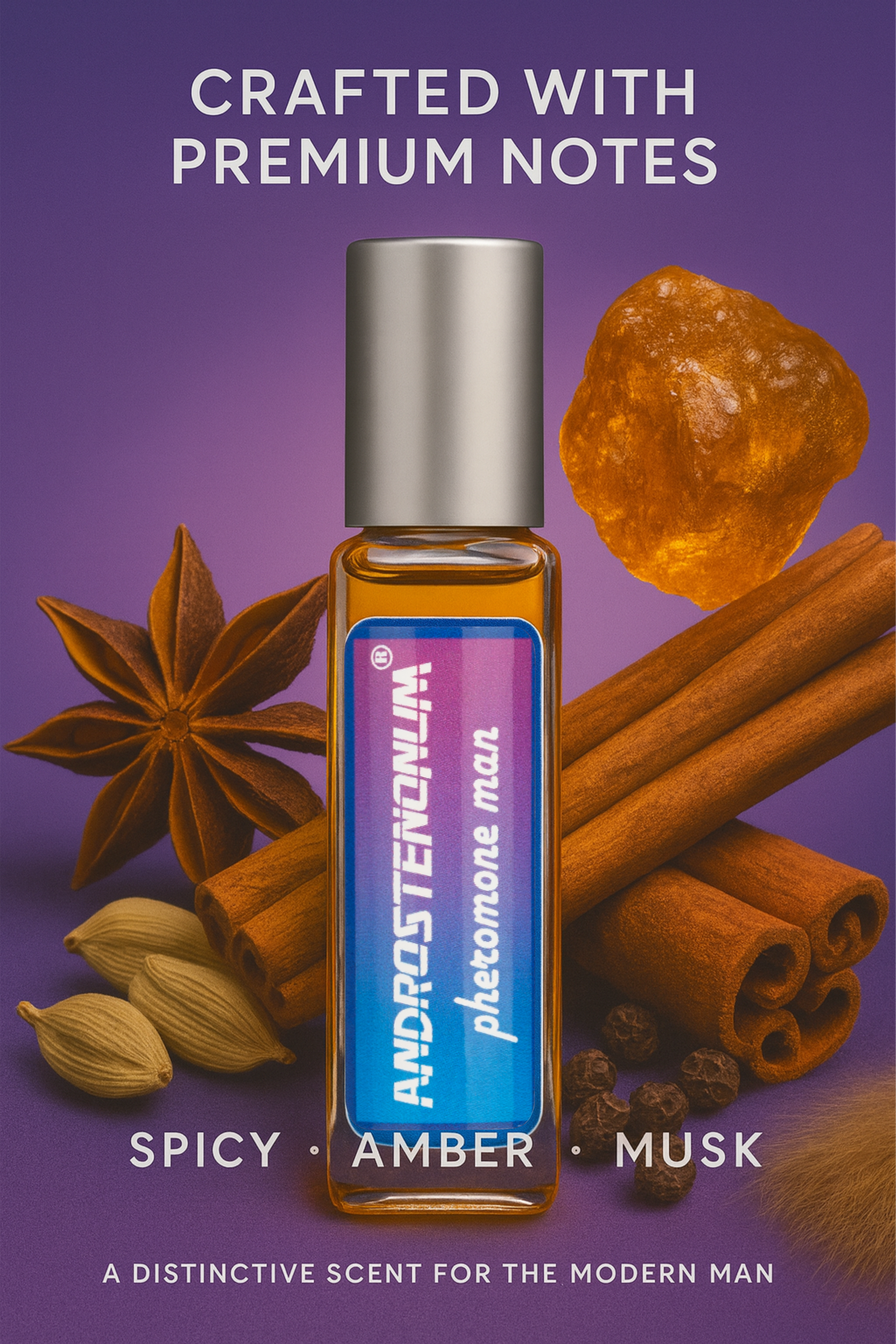 Androstenonum man pheromone man perfume bottle with spices on a purple background