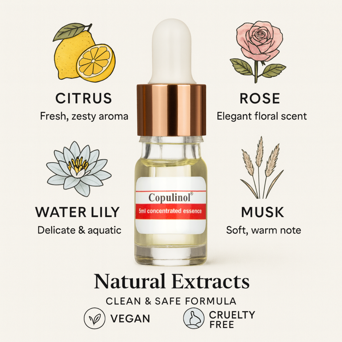 Vial of Copulinol concentrated essence with floral and natural elements on a white background