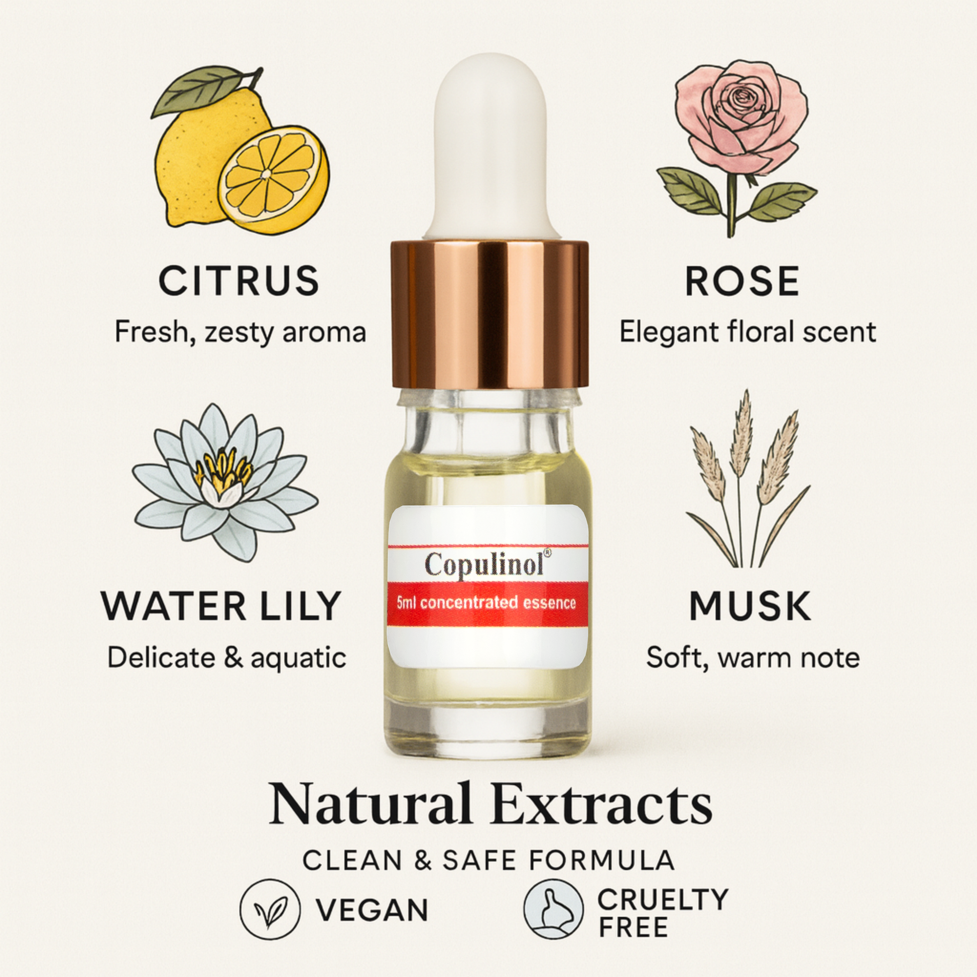 Vial of Copulinol concentrated essence with floral and natural elements on a white background