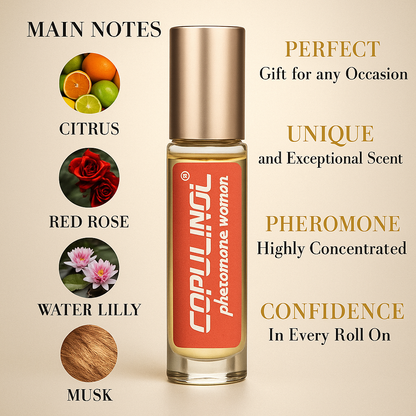 Perfume bottle with Copulinol branding and product features on a beige background