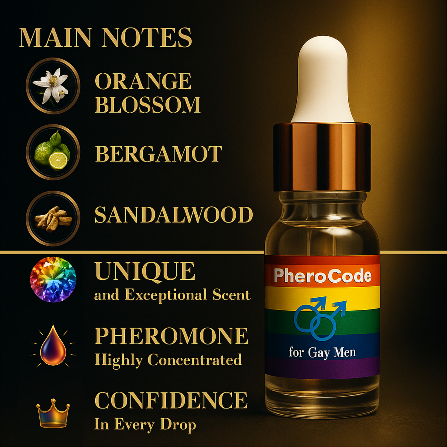 PheroCode Pheromone bottle with notes and benefits on a dark background