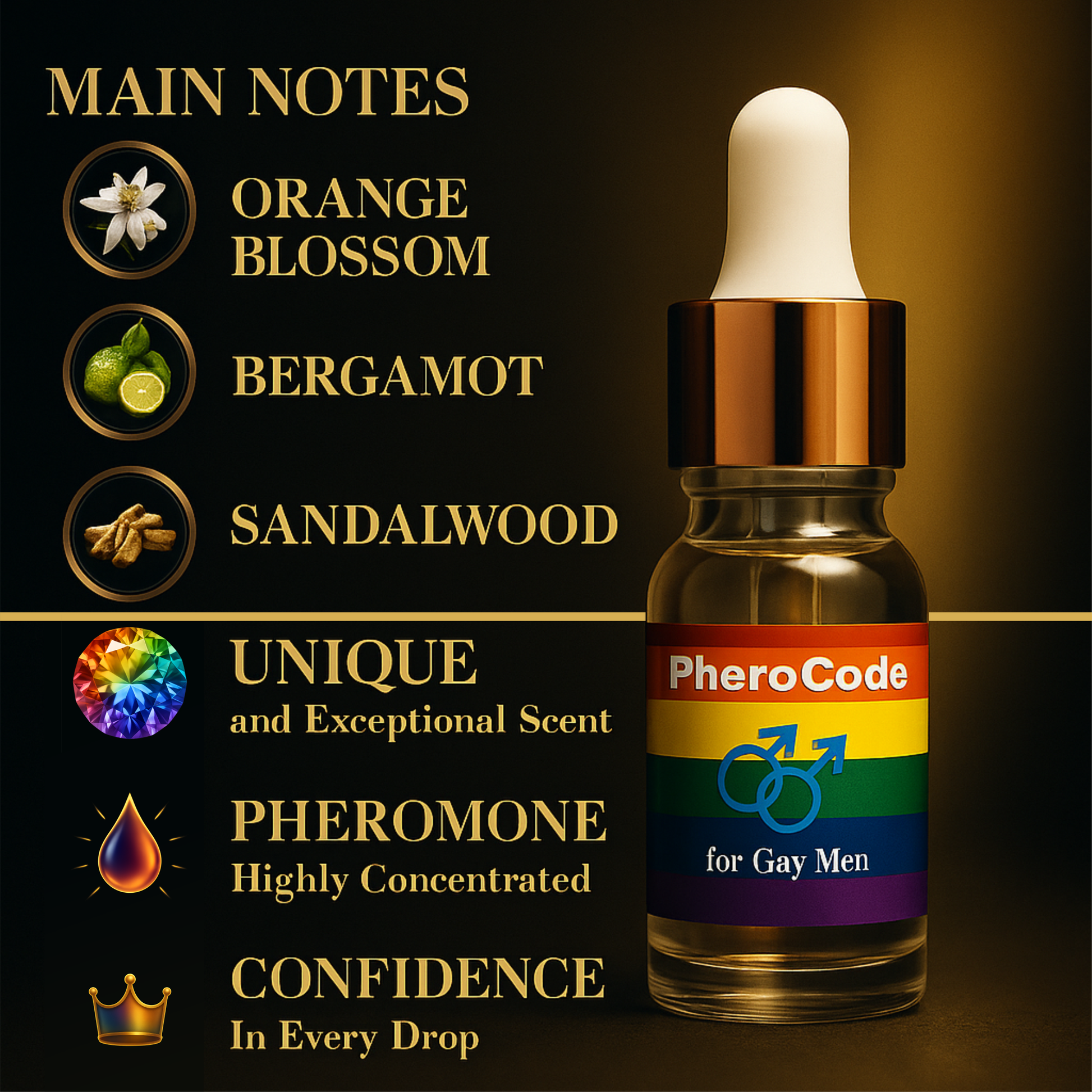 PheroCode Pheromone bottle with notes and benefits on a dark background