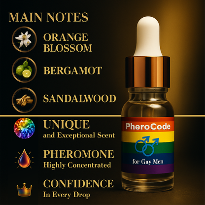 PheroCode Pheromone bottle with notes and benefits on a dark background