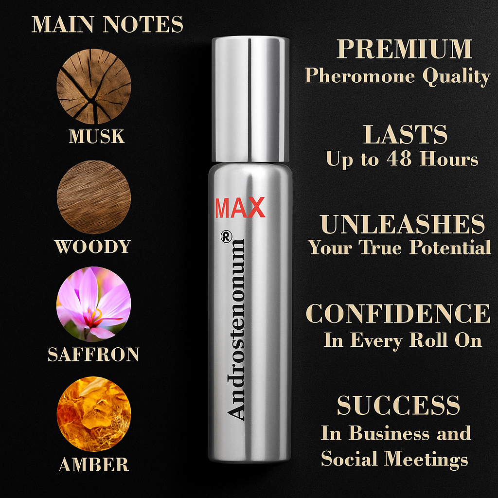 Androstenonum MAX roll-on with notes and promotional text on a black background