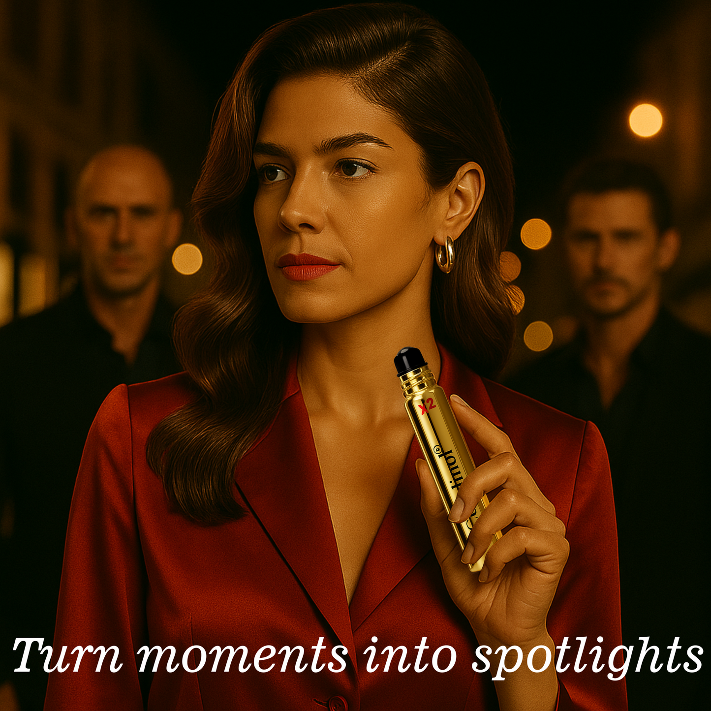 Woman holding a gold perfume copulinol with blurred people in the background