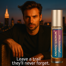 Load image into Gallery viewer, Man sitting with a bottle of Androstenonum pheromone man on a rooftop at dusk.
