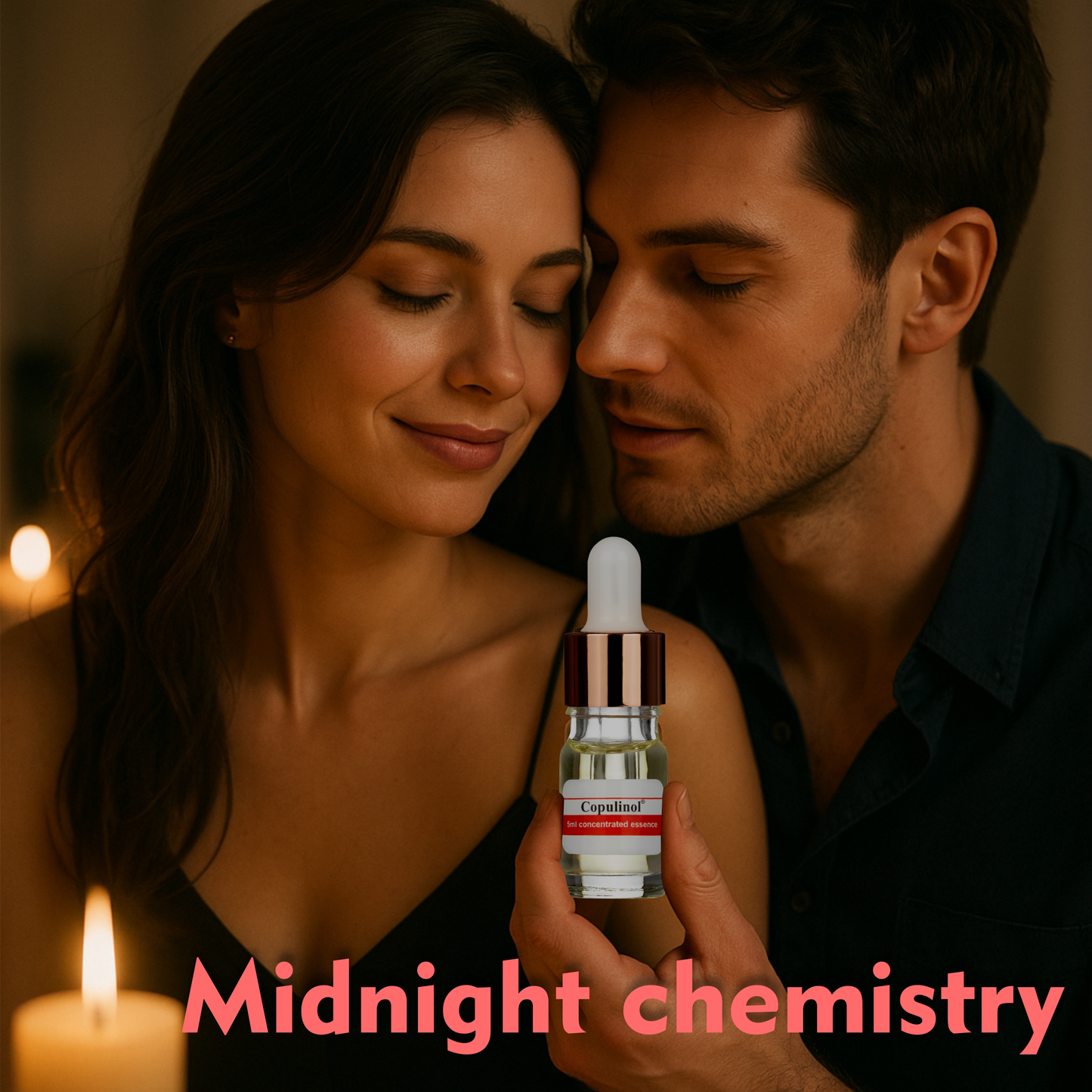 Couple holding a bottle labeled 'Copulinol' with 'Midnight chemistry' text in a warm, intimate setting.