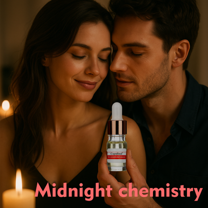 Couple holding a bottle labeled 'Copulinol' with 'Midnight chemistry' text in a warm, intimate setting.