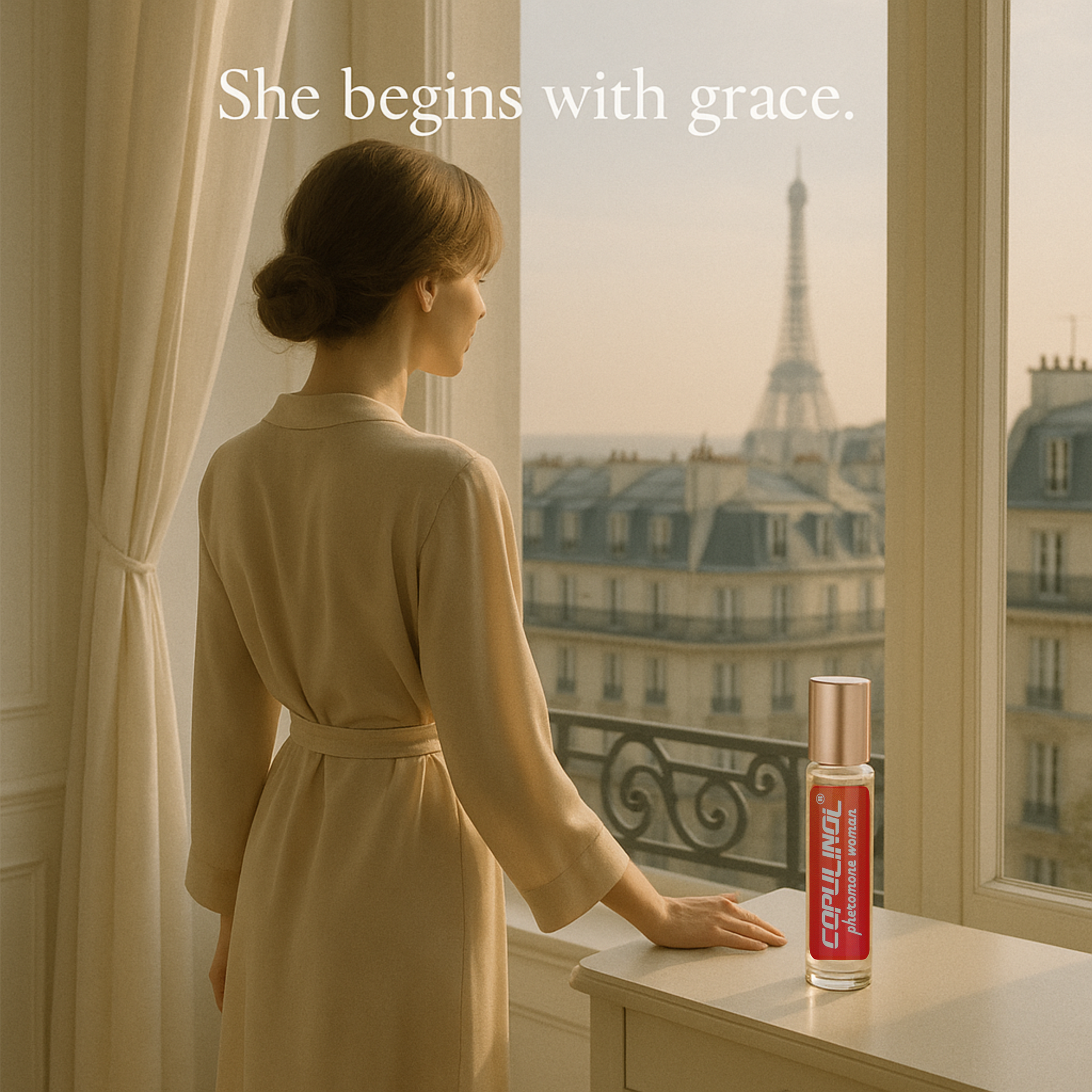 Woman in a beige dress looking out a window with the Eiffel Tower in the background, next to a bottle of Copulinol Perfume.