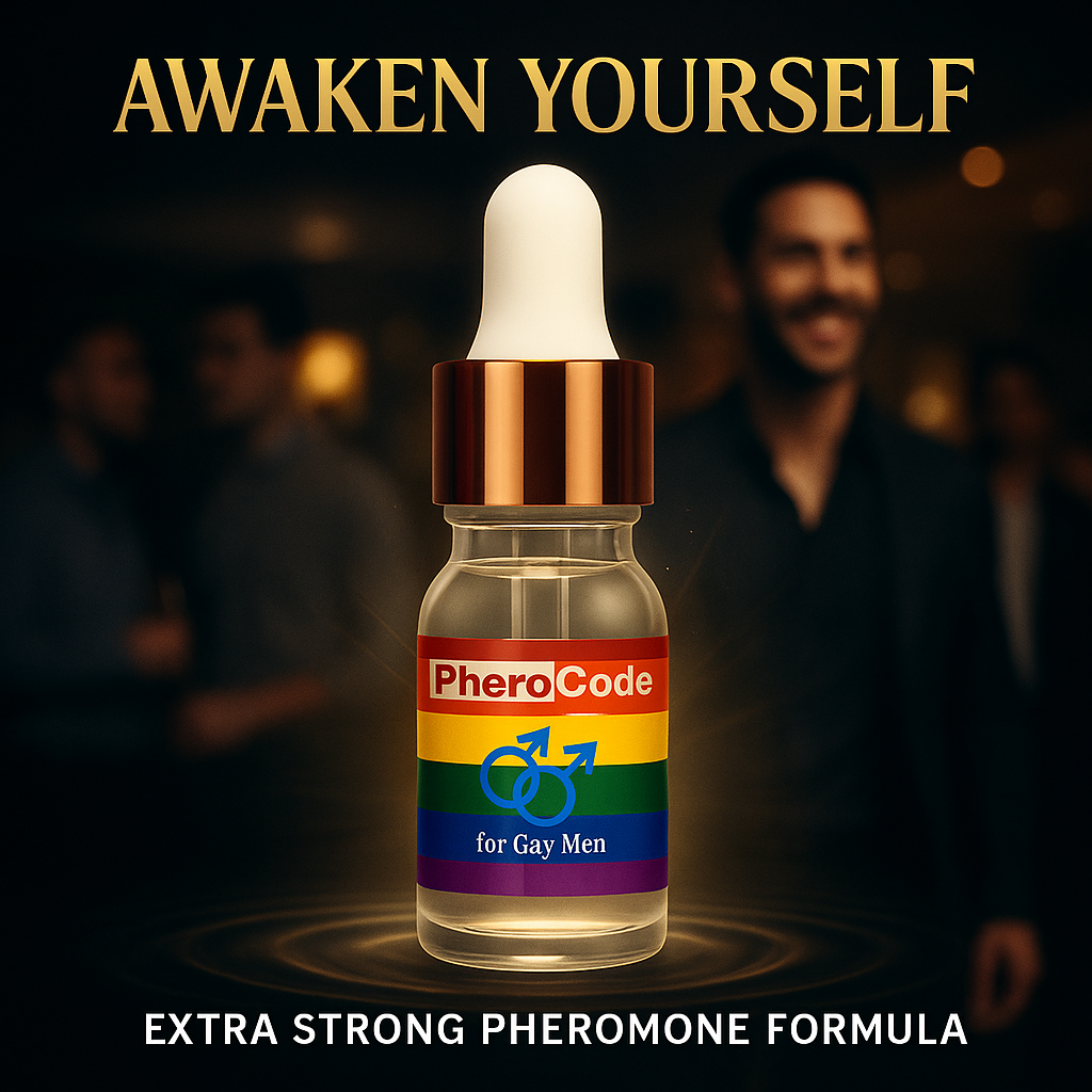 Bottle of PheroCode for Gay Men with a dark background and text 'Awaken Yourself'.