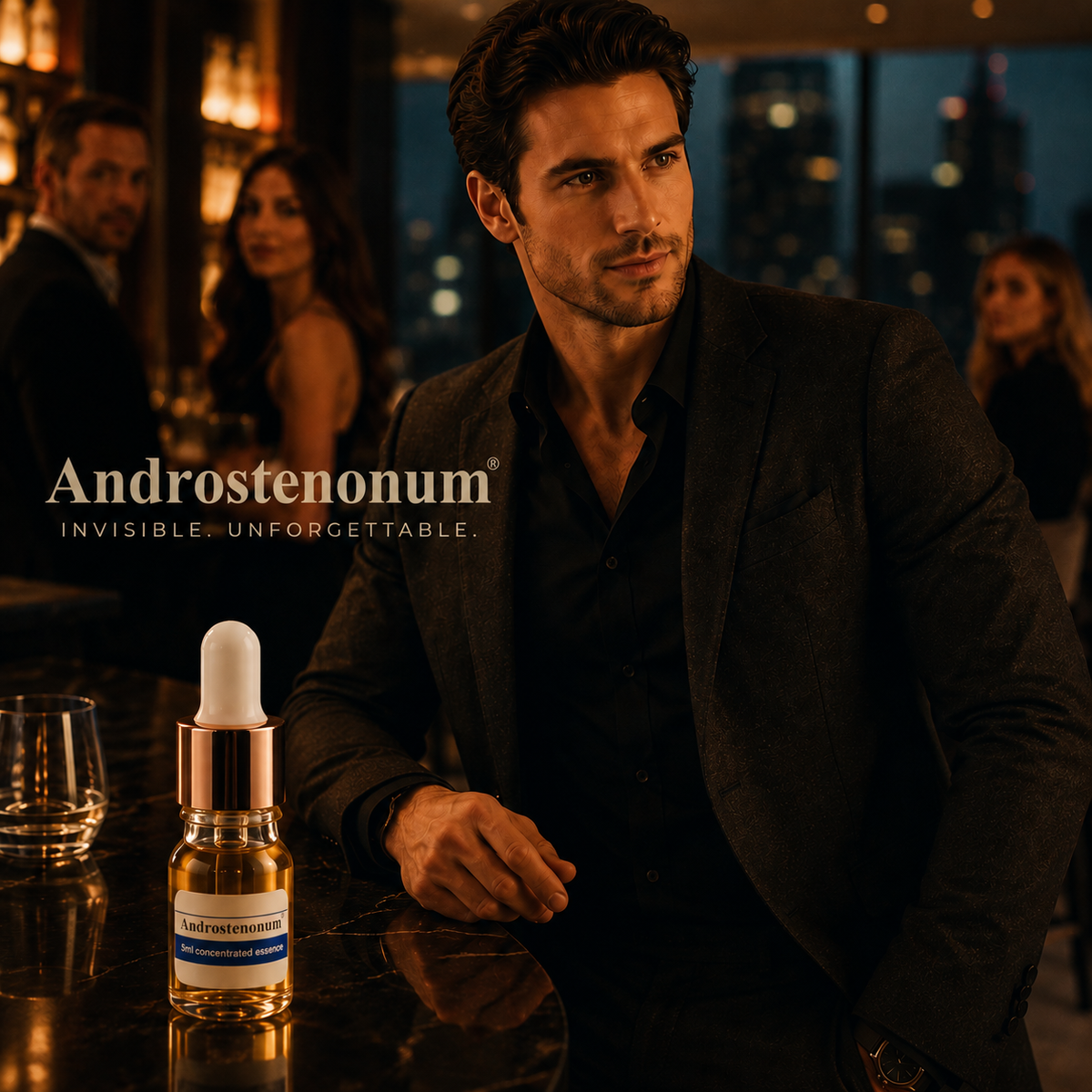 A man in a dark blazer and black shirt sits at a bar in a dimly lit city setting, with a small Androstenon dropper bottle placed on the table in the foreground. The brand name Androstenonum is visible on the bottle label and as a text overlay.