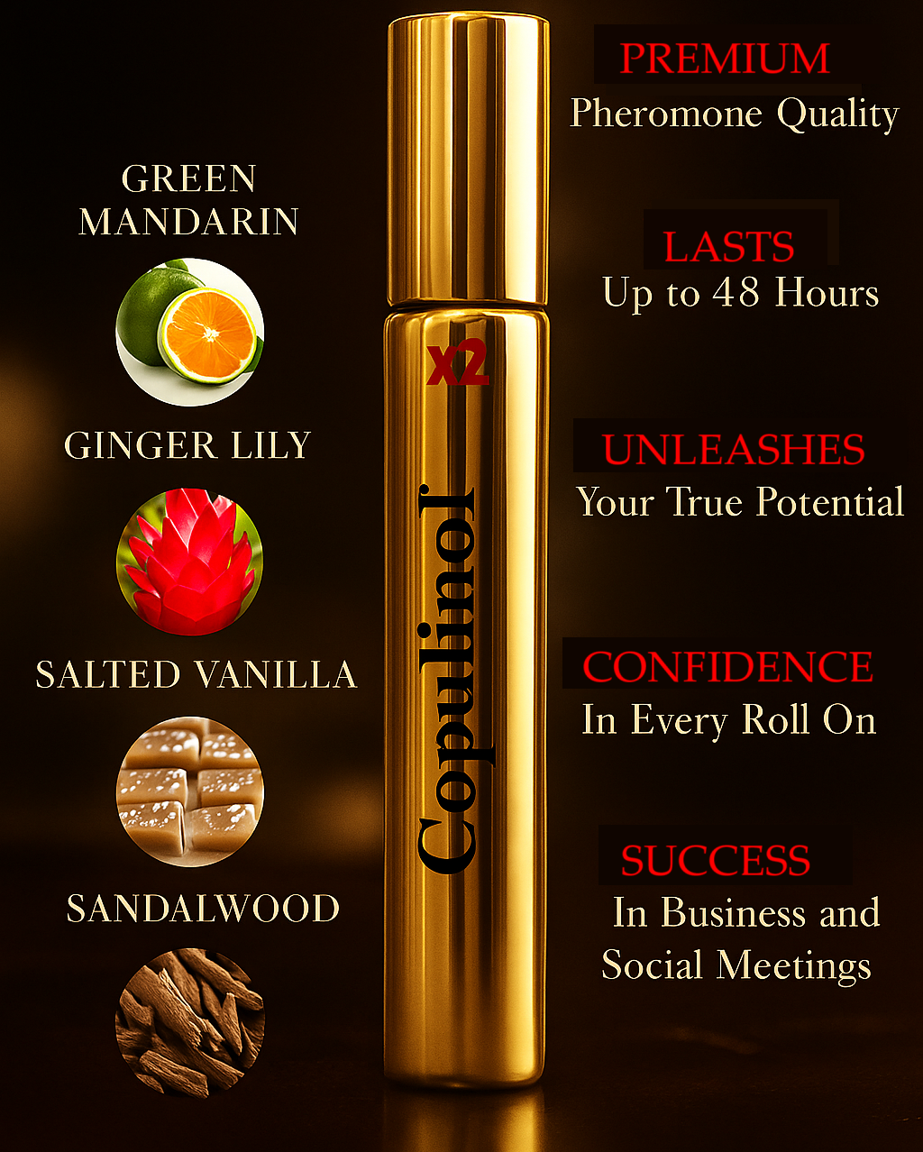 Gold roll-on bottle with Copulinol branding and product features on a dark background