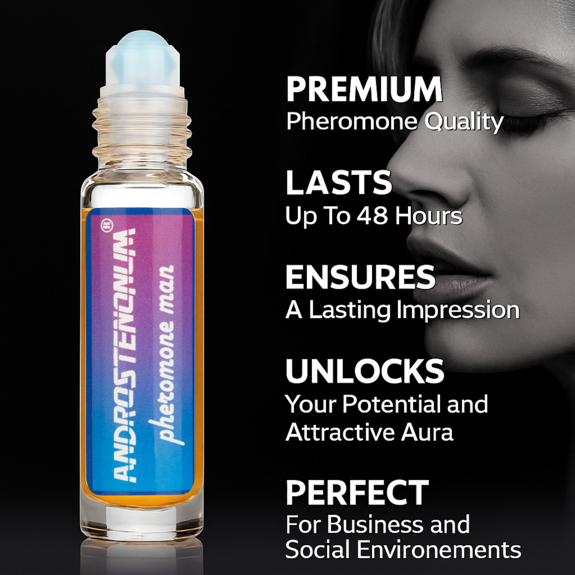 Androstenonum pheromone rollerball with promotional text on a black background