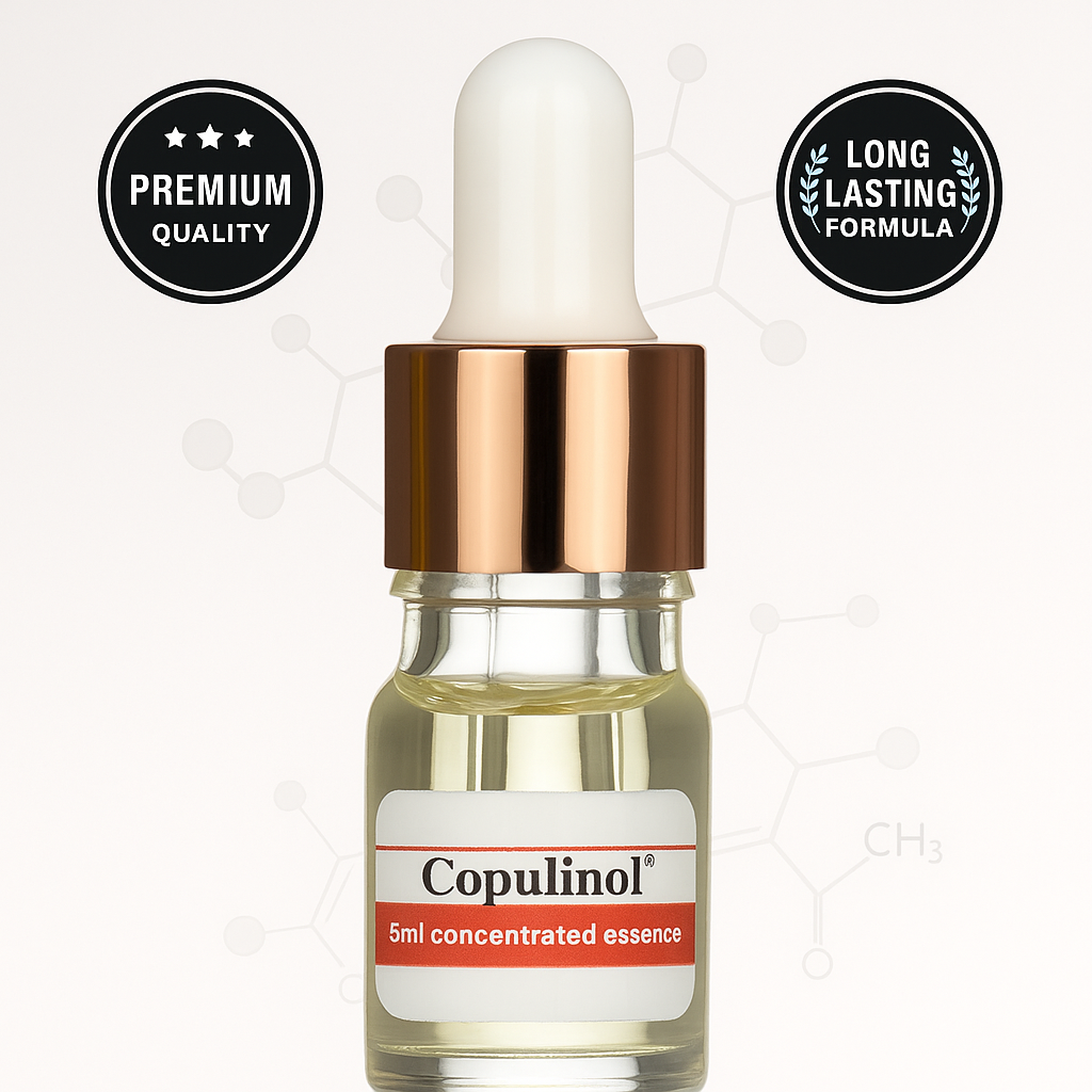 Glass dropper bottle with Copulinol concentrated essence on a white background