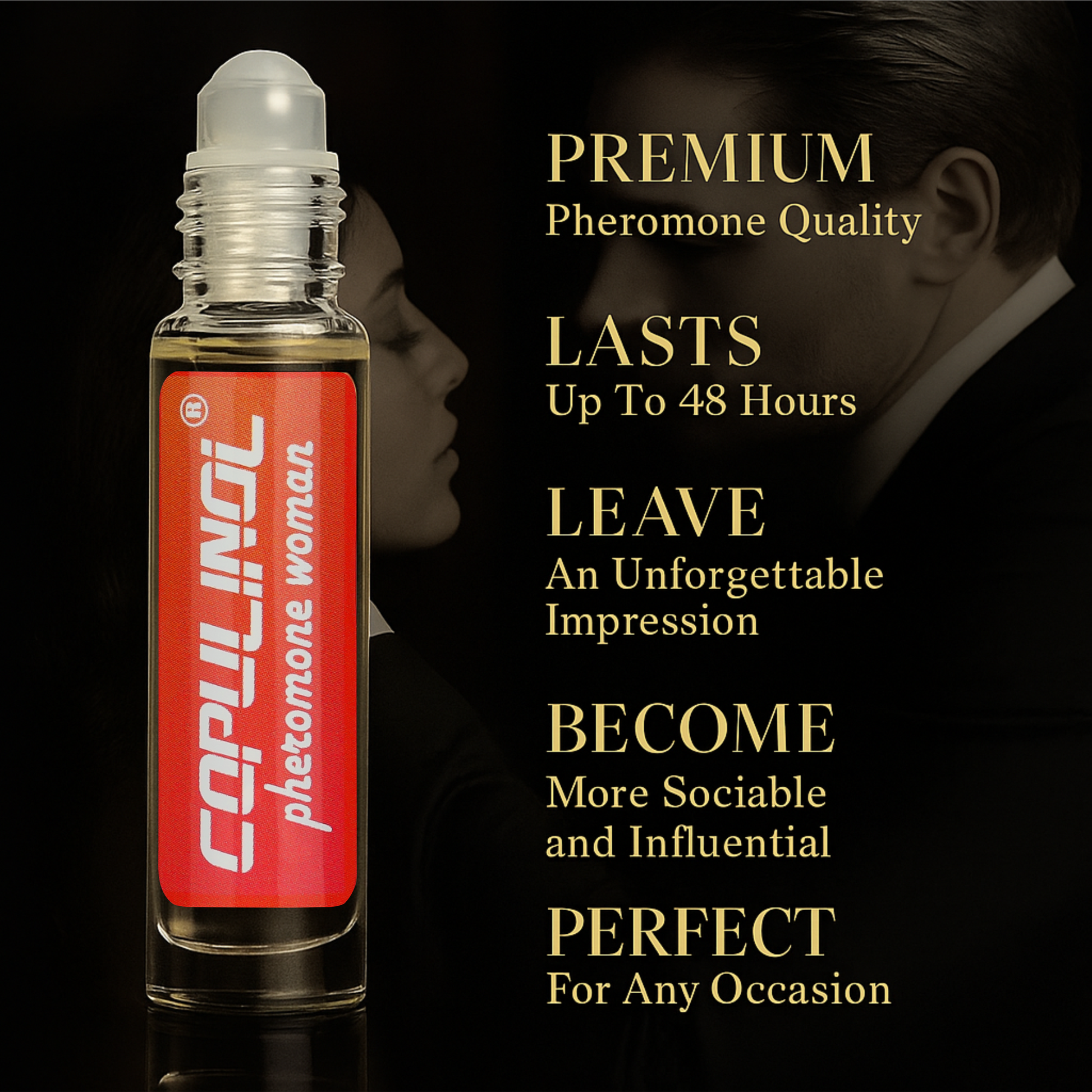 Roll-on bottle of Copulinol pheromone woman with promotional text on a dark background