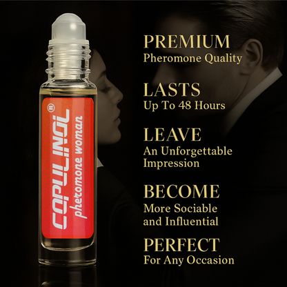Roll-on bottle of Copulinol pheromone woman with promotional text on a dark background