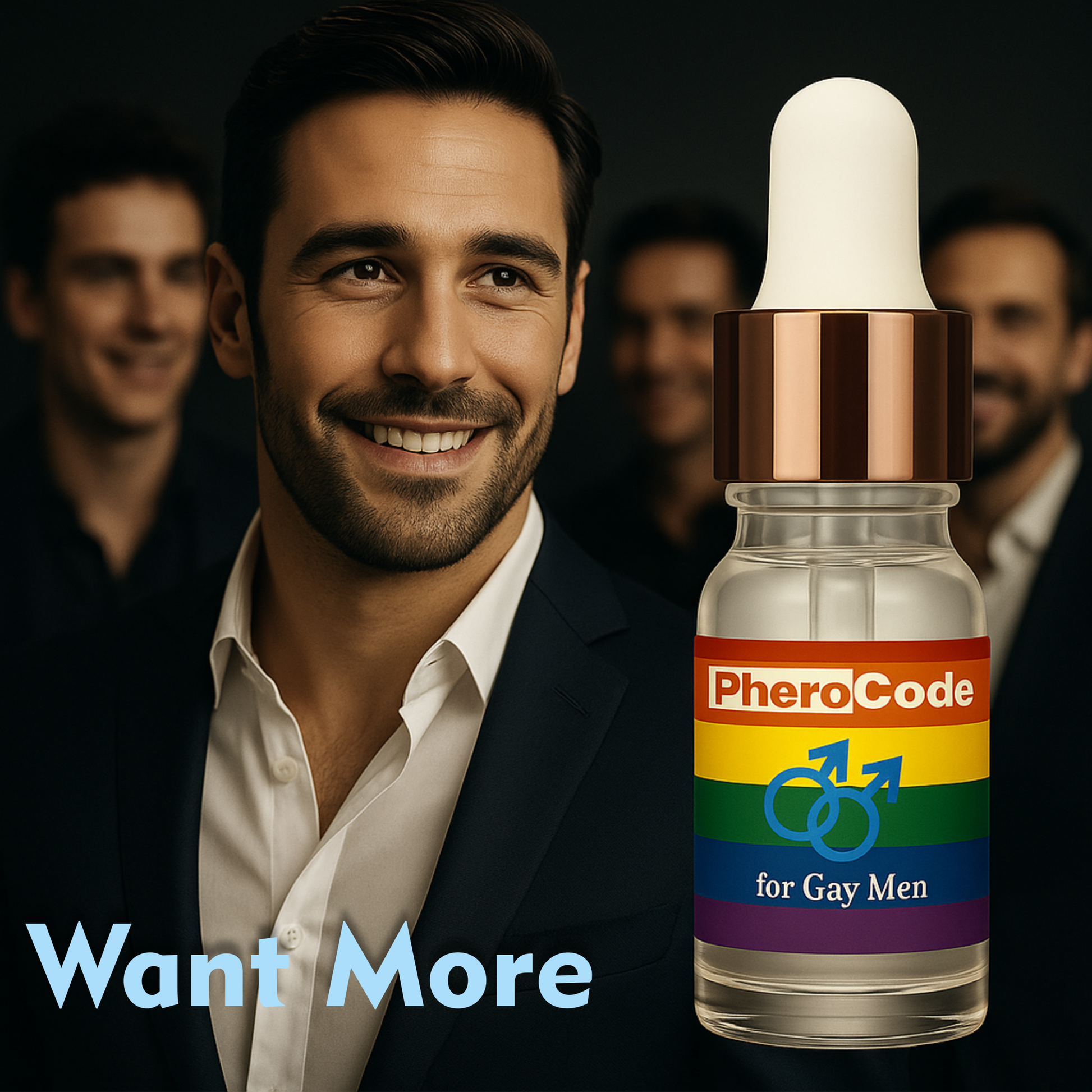 Bottle labeled 'PheroCode for Gay Men' with a man in a suit and tie in the background.