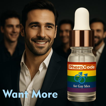 Bottle labeled 'PheroCode for Gay Men' with a man in a suit and tie in the background.