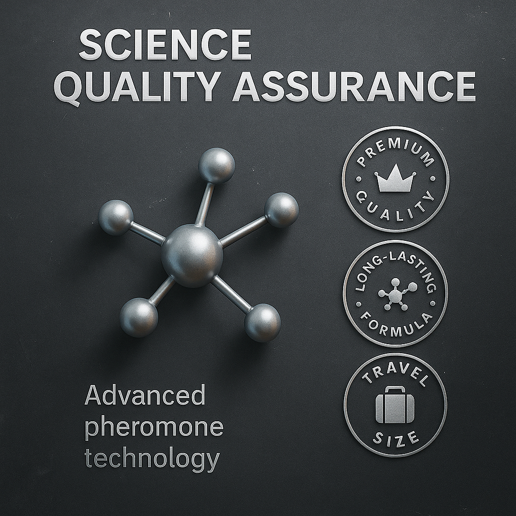 Science quality assurance graphic with molecular model and certification badges on a dark background