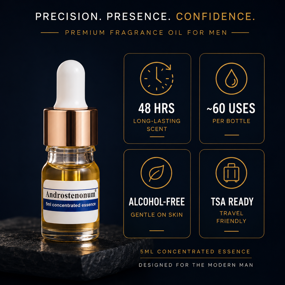 A 5ml glass dropper bottle of Androsthenonium fragrance oil with a rose gold collar and white dropper top, displayed on a dark textured surface. The background is dark navy blue with gold text and four feature callout boxes highlighting key selling points: 48 hrs lasting scent, ~60 uses per bottle, alcohol-free, and TSA ready.