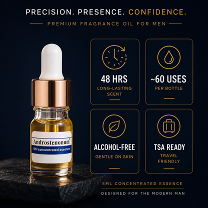 A 5ml glass dropper bottle of Androsthenonium fragrance oil with a rose gold collar and white dropper top, displayed on a dark textured surface. The background is dark navy blue with gold text and four feature callout boxes highlighting key selling points: 48 hrs lasting scent, ~60 uses per bottle, alcohol-free, and TSA ready.