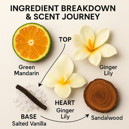 Ingredient breakdown and scent journey with green mandarin, ginger lily, sandalwood, and salted vanilla on a light background.