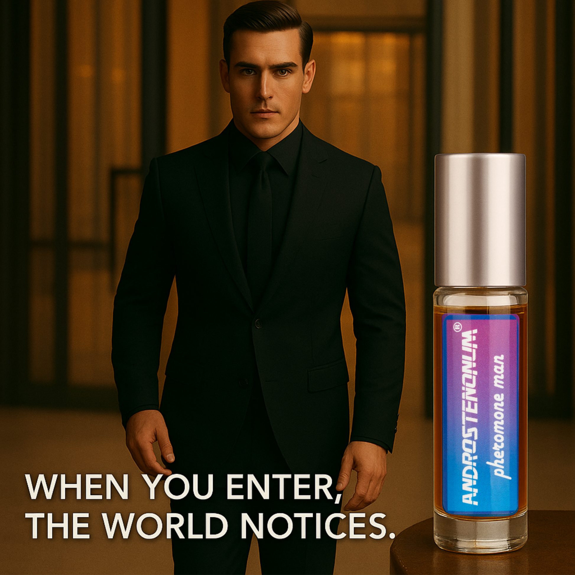 Man in a black suit with a bottle of Androstenonum perfume on a wooden surface.