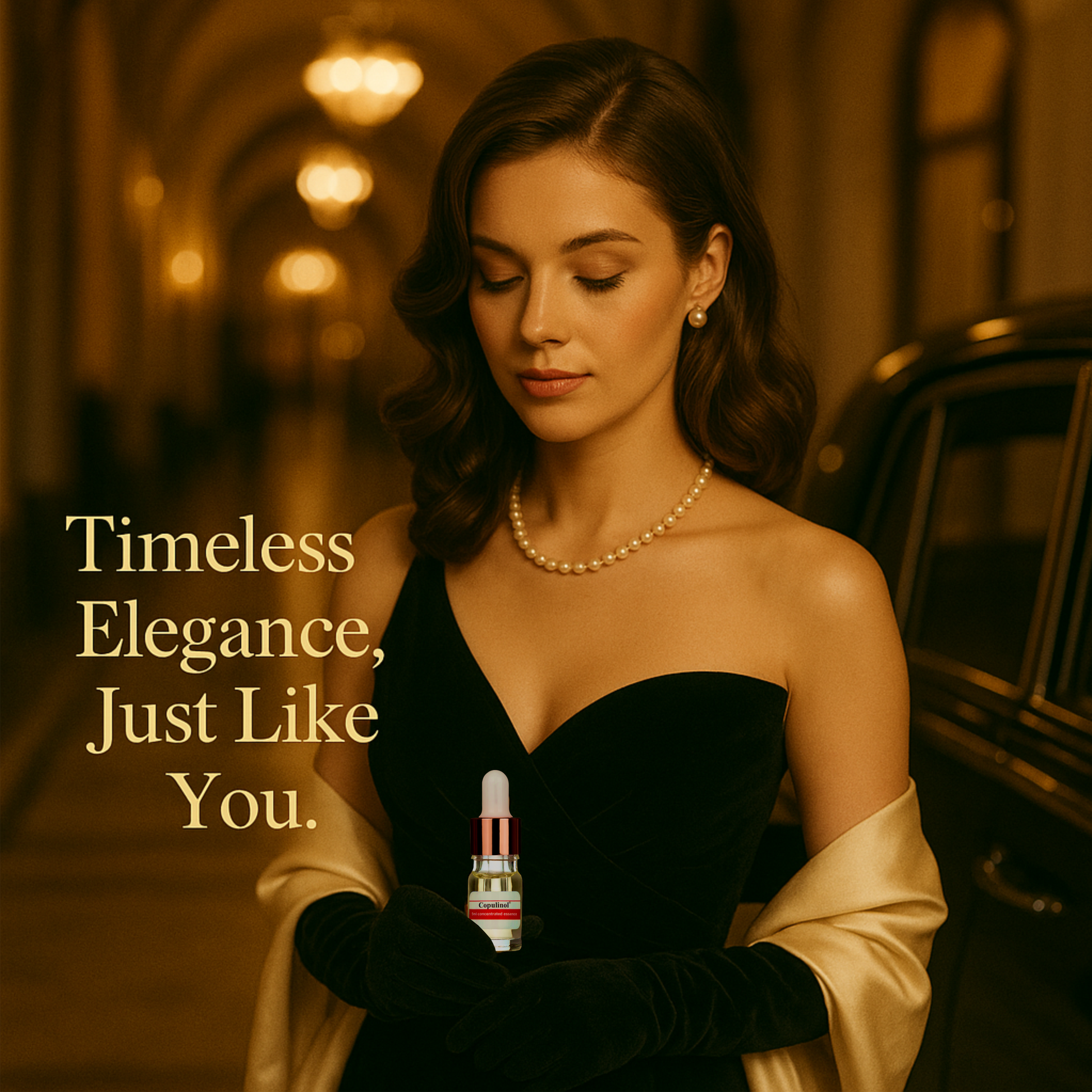 Woman in a black dress with a pearl necklace in an elegant setting, holding a perfume bottle copulinol.