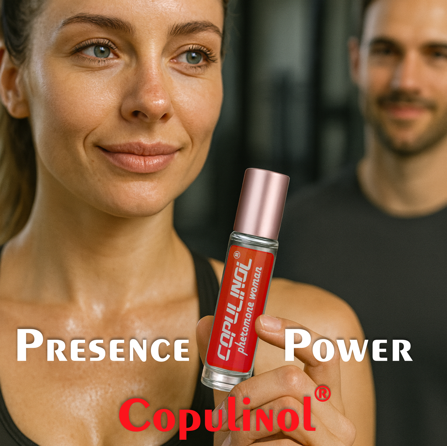 Woman holding a bottle of Copulinol with a man in the background, text 'Presence Power' displayed.
