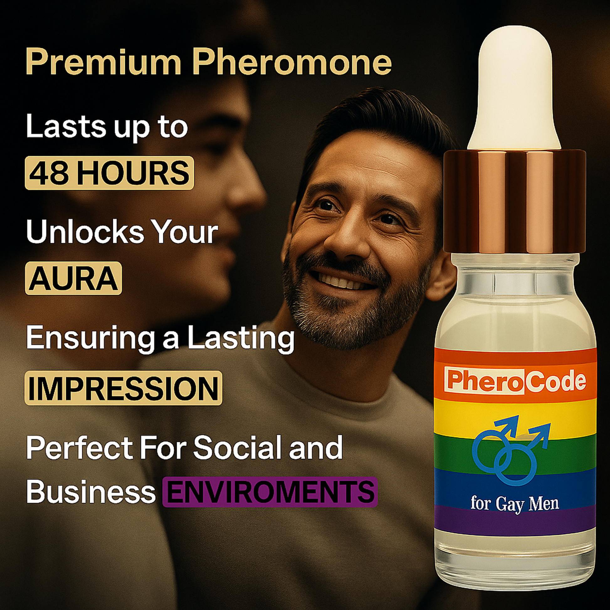 Bottle of PheroCode with promotional text about premium pheromones on a dark background