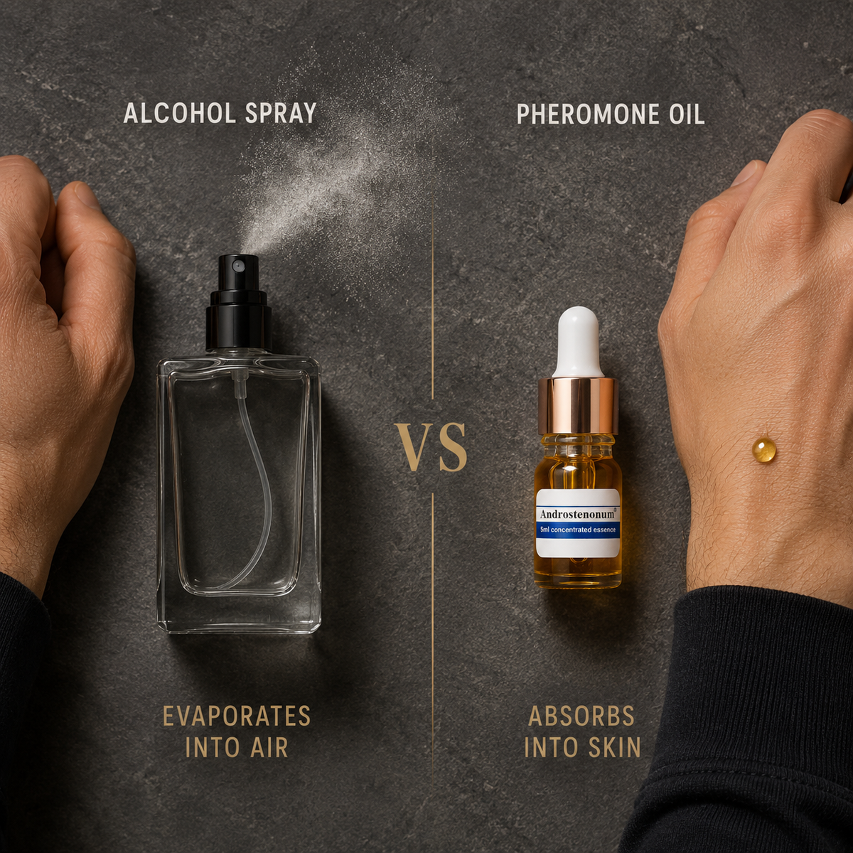 A split comparison graphic showing two hands on a dark textured surface. On the left, a hand holds a clear glass alcohol spray bottle that releases a fine mist, with text reading 'ALCOHOL SPRAY' and 'EVAPORATES INTO AIR.