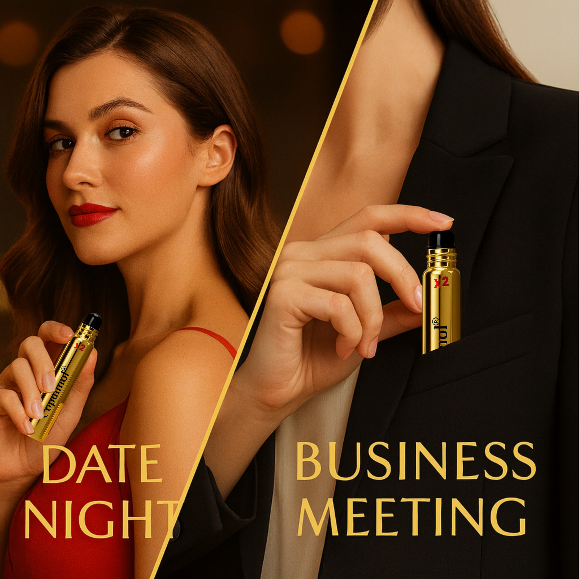 Woman holding a perfume bottle labeled 'Date Night' and another labeled 'Business Meeting'.