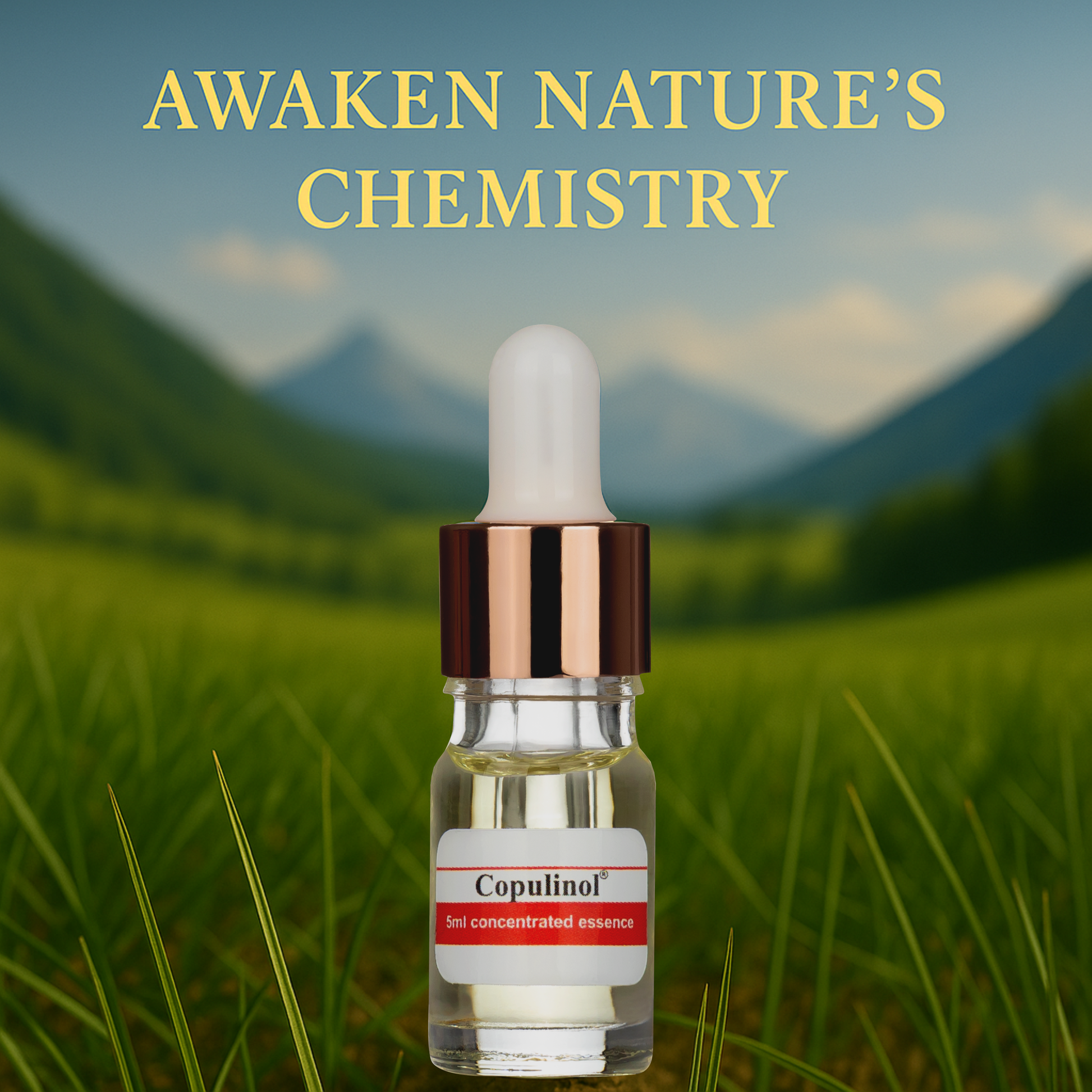 Bottle of Copulinol with a scenic background of mountains and green fields.