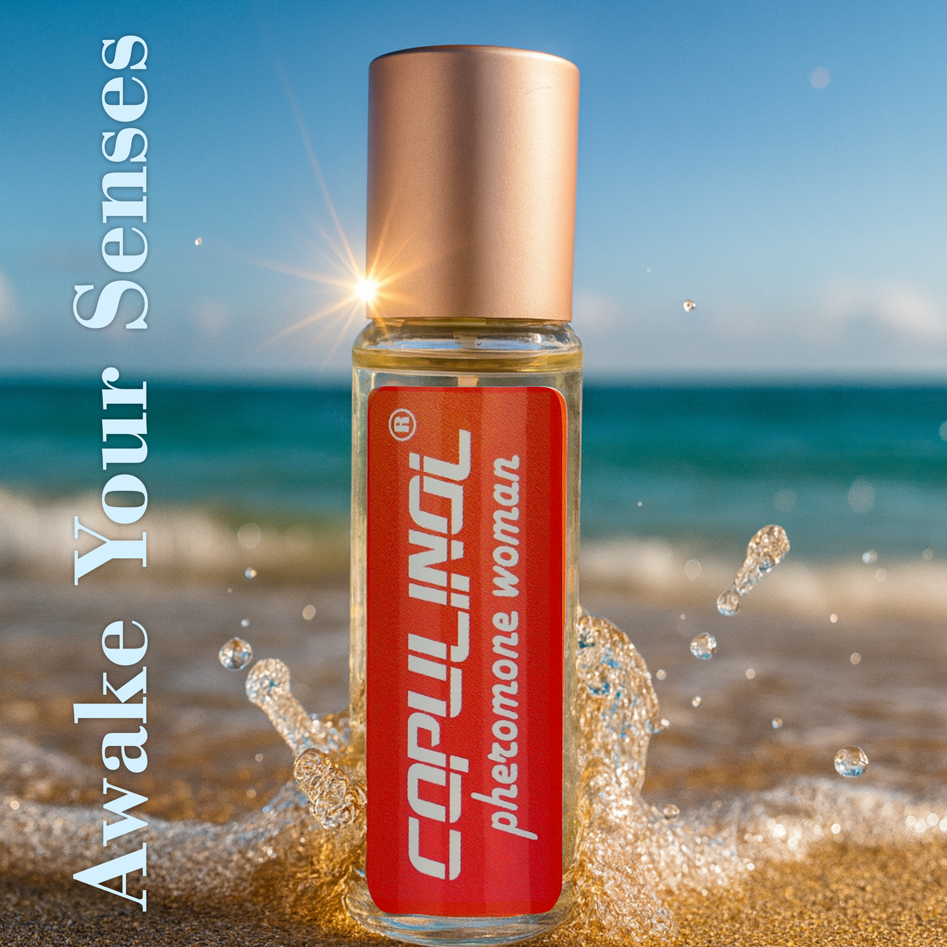 Copulinol perfume bottle on a beach with ocean view
