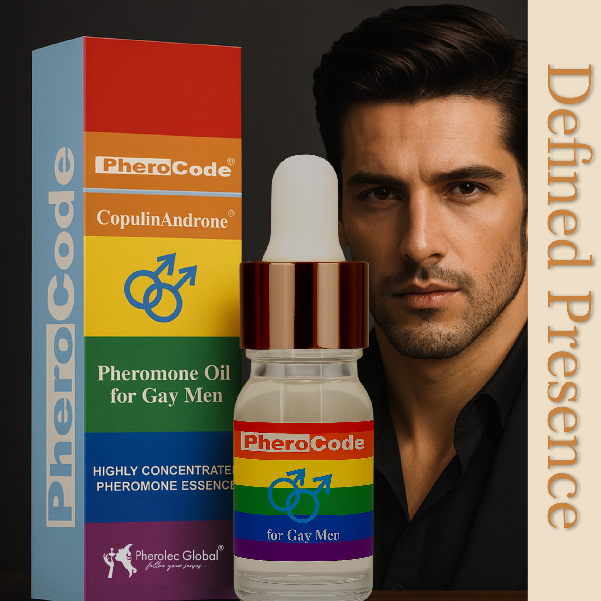 PheroCode Pheromone Oil for Gay Men with packaging and a man in the background