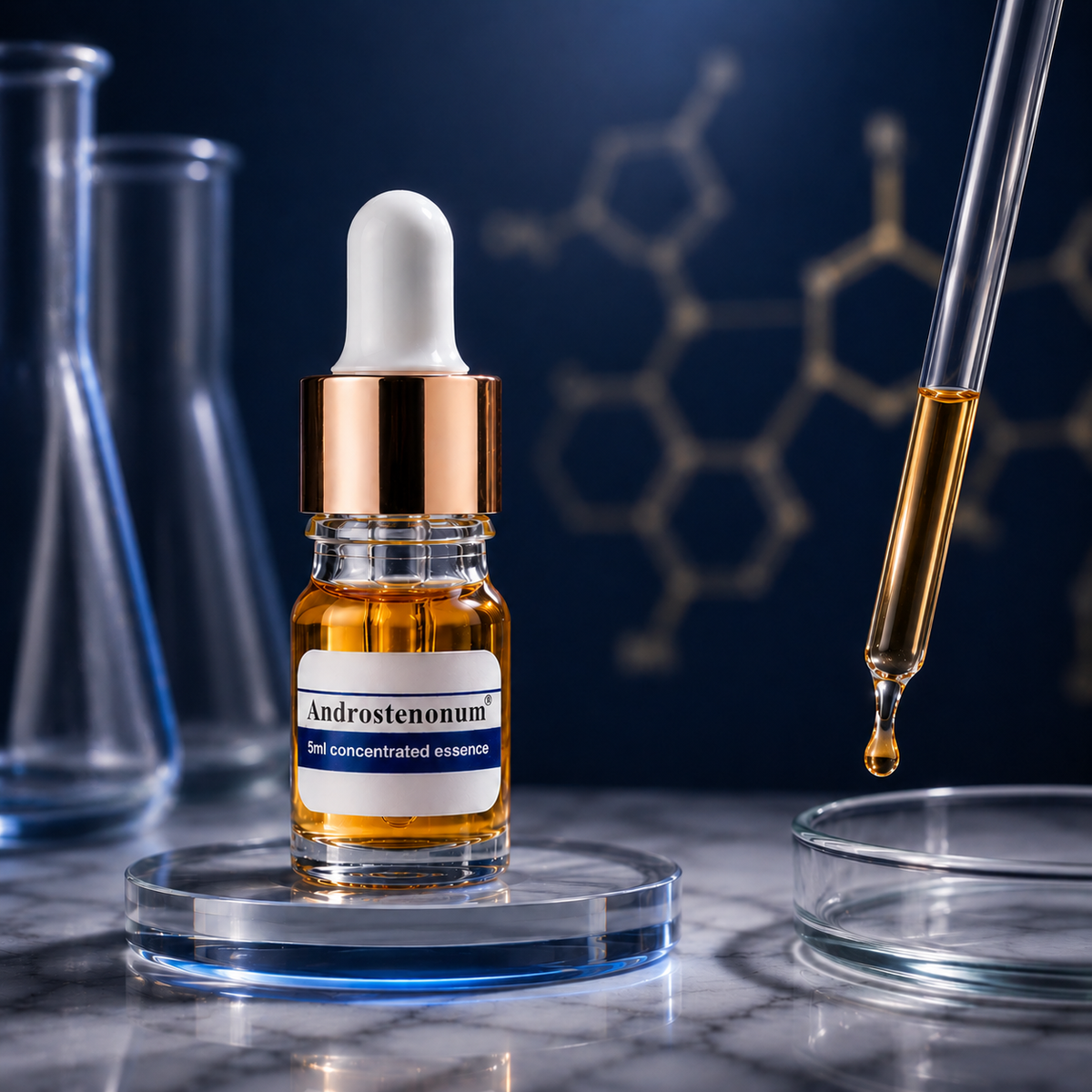 A small glass dropper bottle labeled Androstenonum sits on a clear acrylic stand on a marble surface, with a glass pipette holding amber liquid dripping nearby and blurred laboratory glassware in the background.