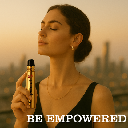 Woman holding a gold bottle with  Copulinol 'X2' branding against a blurred cityscape background, with text 'BE EMPOWERED'.