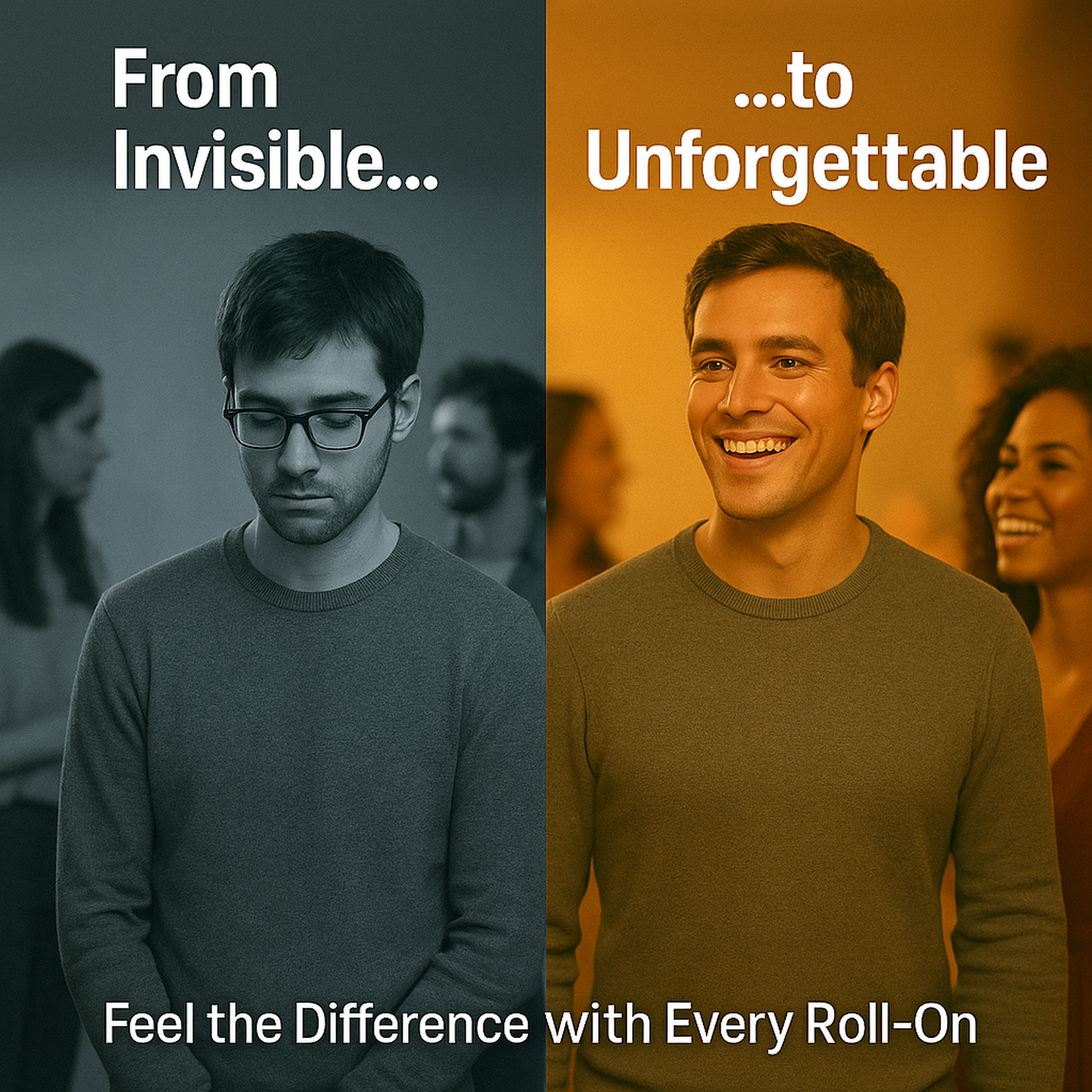 Before and after comparison of a man with text about a Androstenonum product's impact on self-confidence.